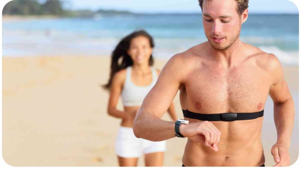 a group of people are running on the beach with  Heart Rate Monitoring Apps